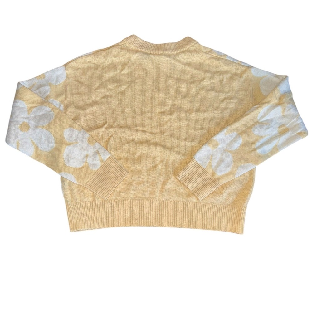 Womens Yellow White Flower Print Long Sleeve Knit Sweater Top - Picture 2 of 4